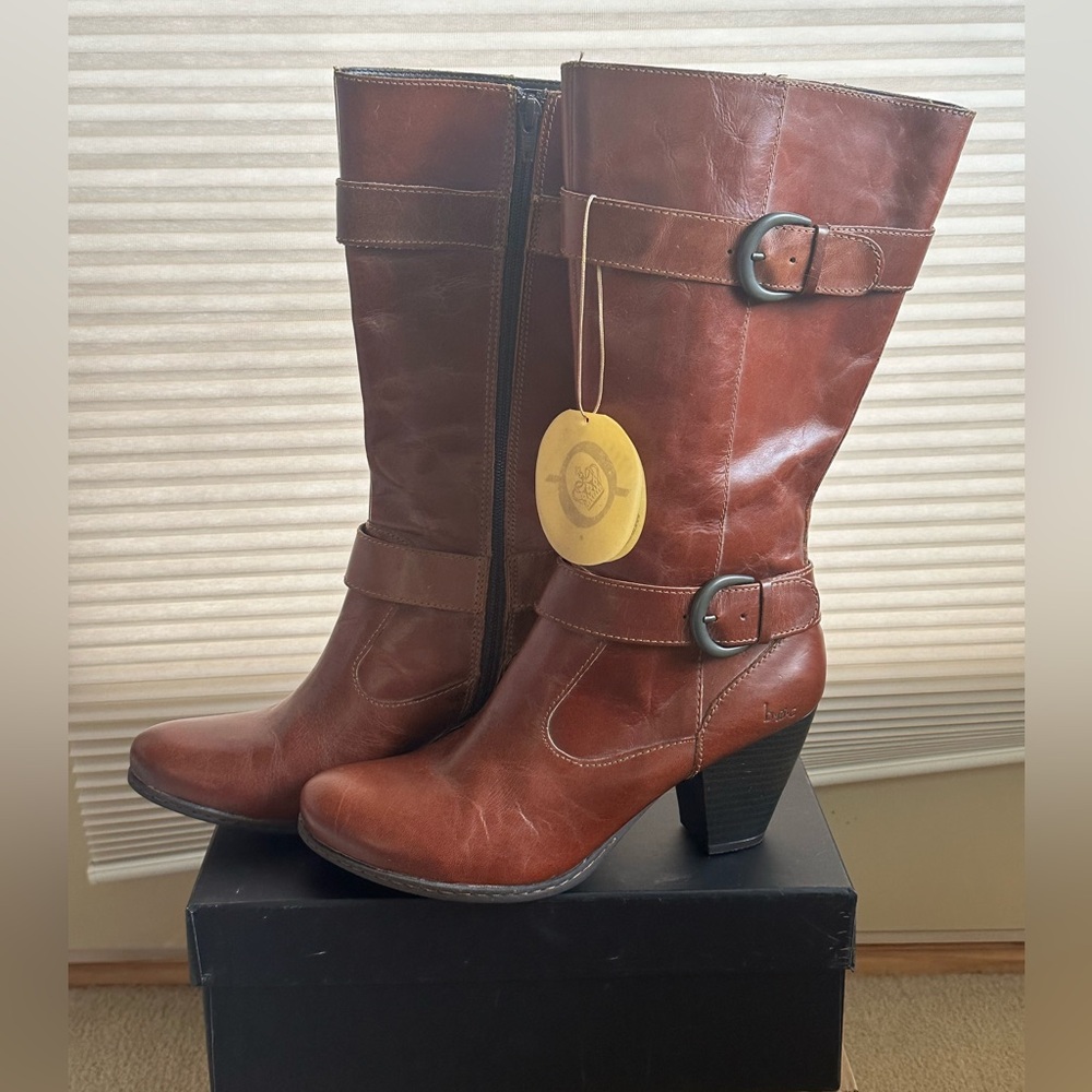 BOC Born Brown Buckle Zip Mid Calf Boots